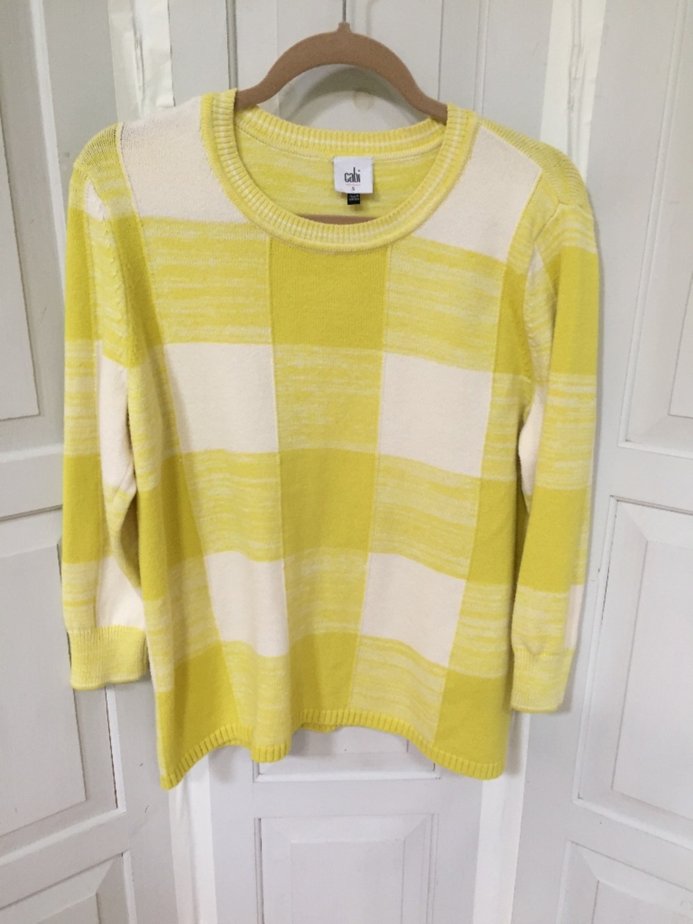 CAbi Yellow and Cream Checkerboard Crewneck Sweater